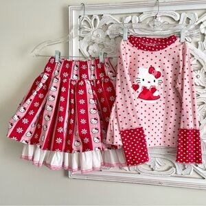 Hello Kitty Set Shirt Skirt Custom Handmade Boutique Sz 5 - 7 Red Pink White